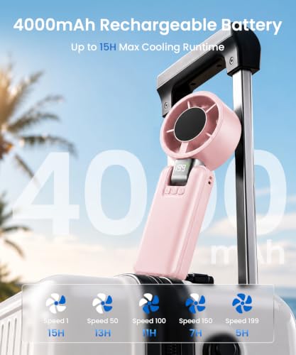 2 Pack Portable Mini Handheld Fan, 199-Level Stepless Speed, Pink | 4000mAh Rechargeable Battery, Quiet, LED Digital Display, Personal Cooling Turbo Fan for Travel, Office, Makeup & Concerts - color: Pink
