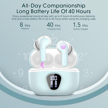 Wireless Earbuds, Bluetooth 5.4 Headphones HiFi Stereo, Bluetooth Earbuds with ENC Noise Cancelling Mic, IP7 Waterproof in Ear Earphones, 48H, LED Display Ear buds for Pad Workout Sports, Azure - color: Azure