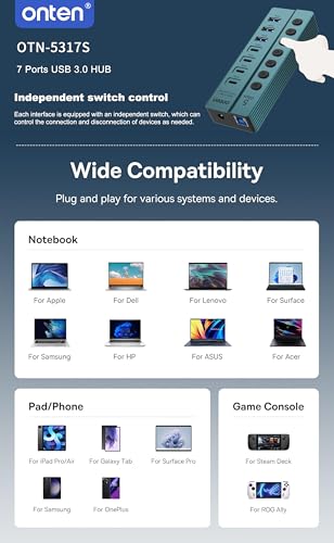 Onten 7-PortUSB 3.0 USB-C Hub, 5Gbps High - Speed Data Transfer, Independent Switches, Wide Compatibility for Laptop, Pad, Phone, Game Console