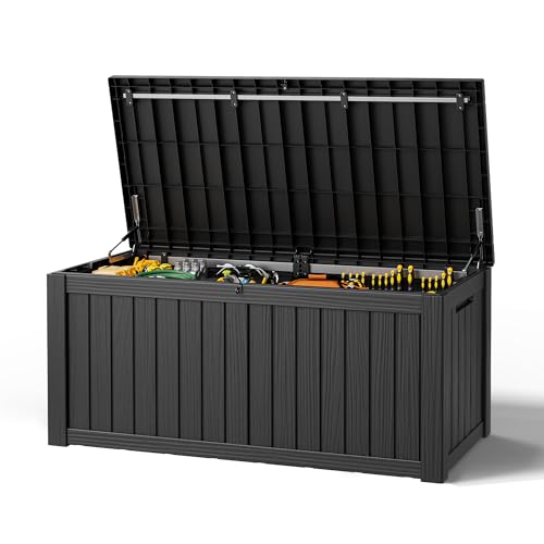 Outdoor Storage Box, Resin Deck Boxes Indoor and outdoor, Waterproof Storage Box Lockable Lid (Black,150 Gallon) - color: Striped Black, style: 150 Gallon
