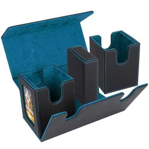 AFIING MTG Commander Card Storage Box - Fits 200 Double Sleeved Cards,3-in-1Card Deck Case,Strong Magnet Card Organizer For Magic Commander TCG CCG,4Dividers &2 Toploaders, Black/Cyan - color: Black Cyan