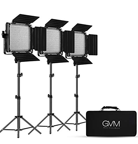 GVM 3 Pack LED Video Lighting Kits, Bi-Color Variable 2300K~6800K with Digital Display, 10~100% Brightness, CRI97+ TLCI97 Led Video Light Panel, Barndoor, App Control