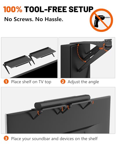 No Drilling Soundbar Mount, TV Top Shelf Fits Most Soundbars up to 12 lbs, Universal Monitor Shelf-Sound Bar Mounts, Sound Bar Shelfs Above TV for Flat Screen TVs,No TVs Disassembly, 23.6x4.4inch