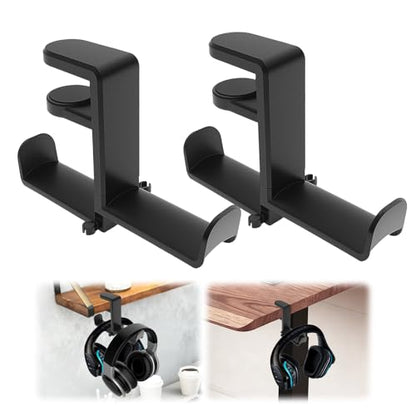 2 Pack Dual Headphone Hanger for Desk | Under Desk Hook, 360° Rotating, Clamp Mount, No Drill, Cable Clip