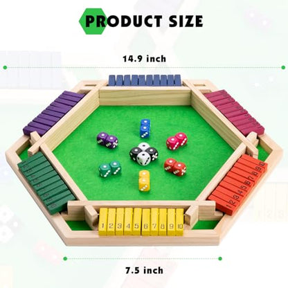 MNYUN Shut The Box Game Large for 6 Players, 15 inch Wooden Board Table Math Game with 16 Dice and Instructions, Classics Close The Box Board Game - size: 14.99 INCH