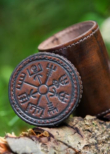 Ulfberth - Viking dice Cup with Embossed Motif - Genuine Leather - Medieval Leather Cup with Engraving (with lid, Vegvisir Embossing, Brown) - color: Vegvisir Brown