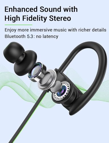 Bluetooth 5.3 Headphones, Wireless Sports In-Ear Earbuds IPX7 Waterproof | 16 Hours Playtime, Sweatproof Stereo Earphones with MIC, Noise Cancelling Headsets for Gym Running Workout, Clear Sound - color: A,GreenBlack
