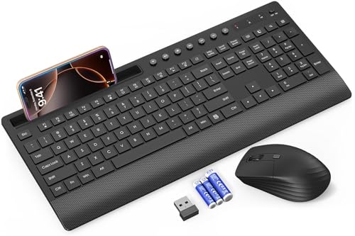 Trueque Wireless Keyboard and Mouse Combo, Full Size with Palm Rest | Quiet Typing, Phone Holder, Multimedia Keys, Power Switches, Batteries Included, 2.4GHz USB, KM31 Set for Windows, ChromeOS - color: Black