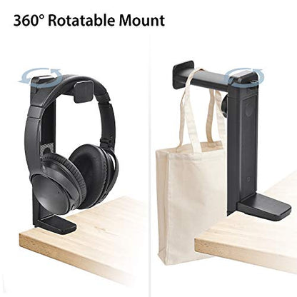 HS906 Headphone Stand & Hanger 2 in 1, Above & Under Desk | Gaming Headset Holder Mount Hook with Height Adjustable & Rotating Clamp, Earphone Rack with Cable Clip