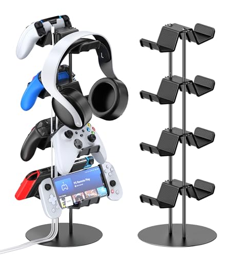 Kytok Controller Stand 4 Tiers with Cable Organizer for Desk, Universal Headphone Stand Compatible with Xbox PS5 PS4 Console Nintendo Switch, Headset Holder & Desk Mounts for 8 Packs Controller - color: Black, size: 4 tiers