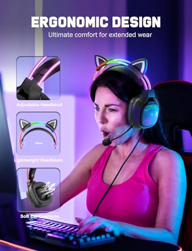 ONITOON Gaming Headset with Microphone, RGB Lights, Detachable Cat Ear, Lightweight Over-Ear Headphones with Adjustable Headband for PC, PS4, PS5, Mac, Switch, Surround Sound, in-Line Control, Black - color: Black