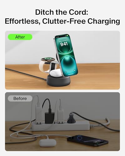 Belkin Qi2.2 25W Wireless Fast Charging Station, 3 in 1 iPhone Charger | Fast Charging, MagSafe Compatible, iPhone 17/16/15, Apple Watch, AirPods, Travel Charger, Magnetic - color: Black, style: 3 in 1