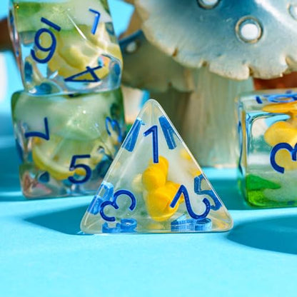 UDIXI Yellow Mushroom Dice Set, Polyhedral Dice Set D&D for Tabletop Games | Velvet Storage Bag, DM Gift, for Dungeons and Dragons Role Playing Games Board Games - color: Mushroom Yellow/Blue Font