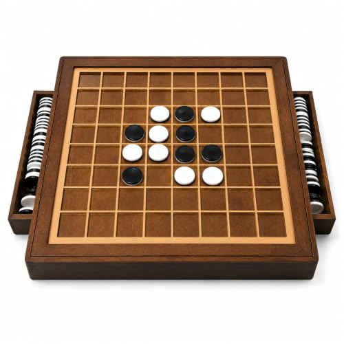 Wooden Reversi Board Game, with Storage Drawers, 12.6in Othell Classic Strategy Board Game with 64 Reversi Chess Pieces for 2 Players, Chessboard Made of Wood & Acrylic Materials