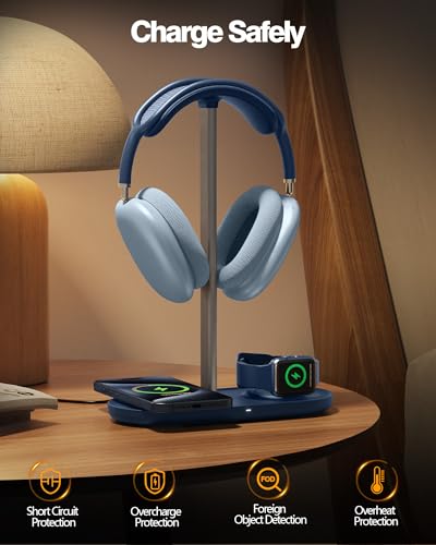 HiWe Headphone Stand, 2-in-1 MagSafe Wireless Charger for iPhone/iWatch | Headset Holder for All Headphones, Aluminum Alloy Bar, ABS Solid Base, PU Headrest, Table Desk Organizer - color: Blue