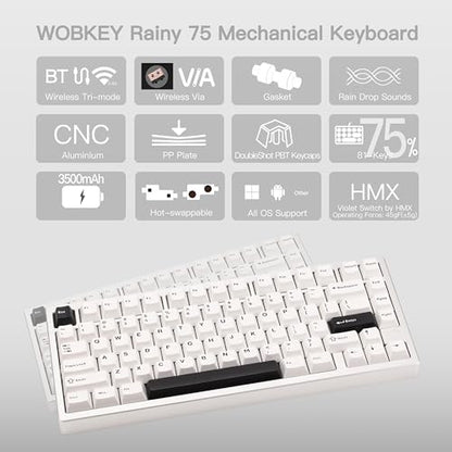 KEEBMONKEY WOBKEY Rainy 75 CNC Aluminum HMX/JWK/Cocoa Switches Triple-Mode Connectivity Mechanical Keyboard with Superior Acoustics, No RGB/PP/Mirrored Glass/3500mAh/Violet Switch (Lite - Silver) - style: Lite - Silver
