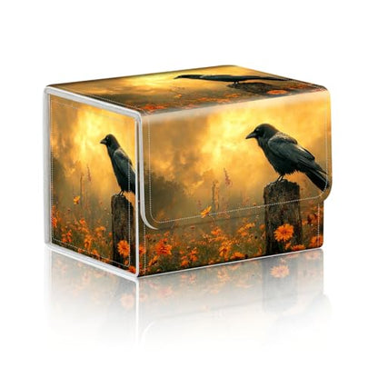 Trading Card Storage Box, Holds 100+ for MTG Cards, PU Leather with Magnetic Closure, Black Raven in Golden Flower Field Durable Deck Box for Magic the Gathering, Trading Card Games - color: Black Raven in Golden Flower Field