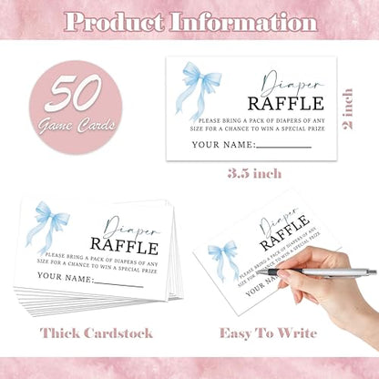 Blue Bow Baby Shower Diaper Raffle, Pack of 1 Wooden Tabletop Sign with Stand and 50 Diaper Raffle Tickets, Blue Coquette Bow Baby Shower Game, Gender Reveal Party Decorations - FS02 - color: Diaper Raffle