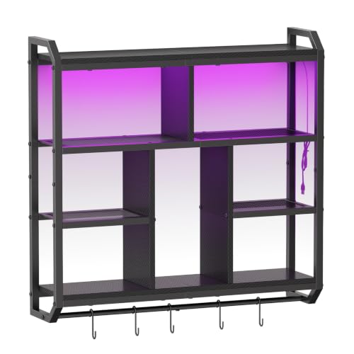 HOOBRO Gaming Floating Shelves with LED Light, 28.1" LED Wall Shelf Black | 4-Tier Wall Mounted Shelves for Storage, Floating Wall Shelf Display Rack With Hanging Rod, for Bedroom Game Room Living Room - color: Black
