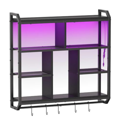 HOOBRO Gaming Floating Shelves with LED Light, 28.1" LED Wall Shelf Black | 4-Tier Wall Mounted Shelves for Storage, Floating Wall Shelf Display Rack With Hanging Rod, for Bedroom Game Room Living Room - color: Black