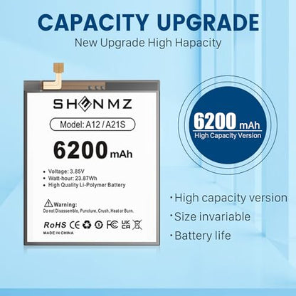 SHENMZ 6200mAh Battery for Galaxy A12 with Repair Tools – Upgraded | EB-BA217ABY Battery Replacement for Samsung Galaxy A12 A12S Models SM-A125F/U/M - style: A12
