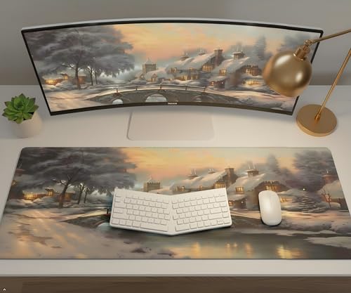 XXL Gaming Mouse Pad 35.4x15.7 inch, Christmas Art Rustic Landscape Theme Desk Mat, River Village Oil Painting Scene Large Mousepad，Fantasy Artistic Keyboard Mouse Mat (Northern Snowscape) - color: Northern Snowscape