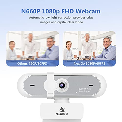 NexiGo N660P 1080P 60FPS Webcam with Software Control, Dual Microphone & Cover, Autofocus, HD USB Computer Web Camera, for OBS/Zoom/Skype/FaceTime/Teams/Twitch, White - size: 1080P 60FPS Webcam White