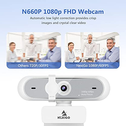 NexiGo N660P 1080P 60FPS Webcam with Software Control, Dual Microphone & Cover, Autofocus, HD USB Computer Web Camera, for OBS/Zoom/Skype/FaceTime/Teams/Twitch, White - size: 1080P 60FPS Webcam White