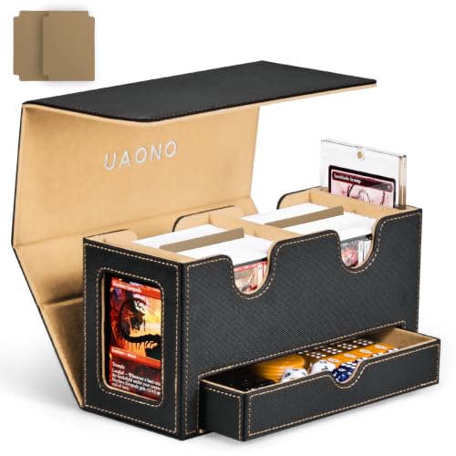 UAONO MTG Deck Box with 2 Commander Display and Dice Tray-Patented Design, Double Deck Box for 280+ Single Sleeved Cards, Leather Magnetic Card Storage Box Fits for TCG CCG Magic Cards (Black&Khaki) | 2 Magnetic Card Holders & 1 Dice Tray, Fits 200 Double