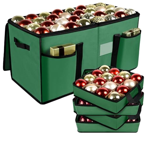 Christmas Ornament Storage Box with Dividers, Holds 128 Balls, Green | 600D Oxford Fabric, Adjustable Dividers, Removable Trays, Dual Zippers, Reinforced Handles - color: Green, size: 128 Balls