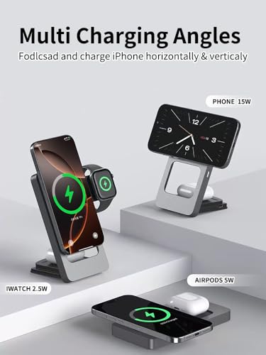 3-in-1 Foldable Wireless Charging Station for iPhone, Apple Watch, AirPods, Aluminum Alloy Frame, 15W Fast Charging, 0-180 Adjustable Stand, Qi Magnetic Wireless Charger (Gray)