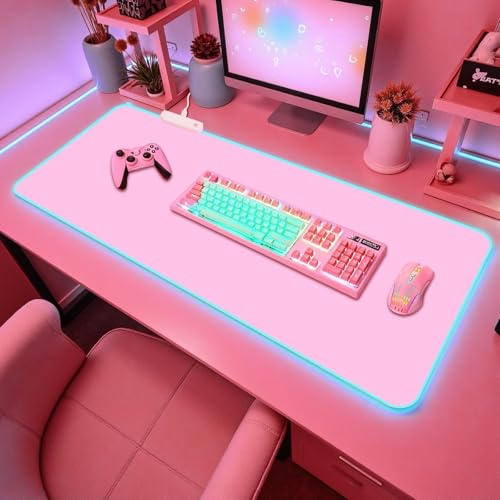 Pink RGB Gaming Mouse Pad I Large Mousepad with 14 Led Light Modes I Keyboard Pad Gaming Desk Mat I Non-Slip Rubber Base Big Mouse Mat for Gamer I 900x400x4mm Waterproof Mousepad for Game PC MacBook - color: Pink