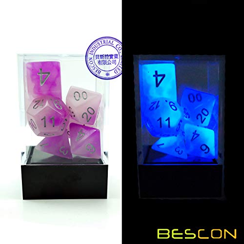 Bescon Two Tone Glowing Polyhedral Dice 7pcs Set Frosty Amethyst, Luminous RPG Dice Glow in Dark, DND Role Playing Game Dice - color: Frosty Amethyst