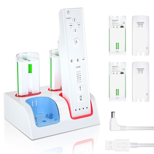 Wii Controller Charger and Rechargeable Battery - 4 Pack 2800mAh Wii Remote Battery Pack Rechargeable and Charging Station with USB Cable