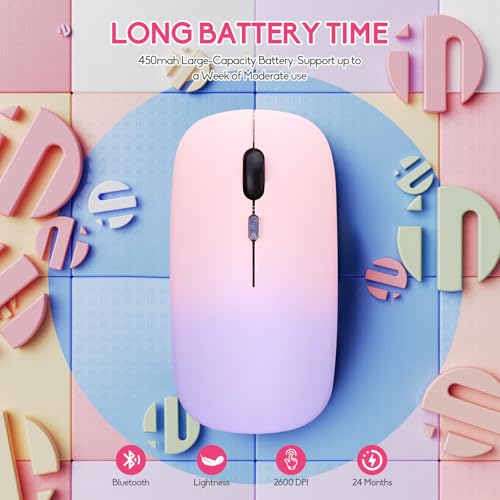 Wireless Bluetooth Mouse,LED Dual Mode Rechargeable Silent Slim Laptop Mouse,Portable(BT5.2+USB Receiver) Dual Mode Computer Mice,for Laptop,Desktop Computer,ipad Tablet,Phone,TV (Pinkish purple) - color: Gradient Pinkish purple