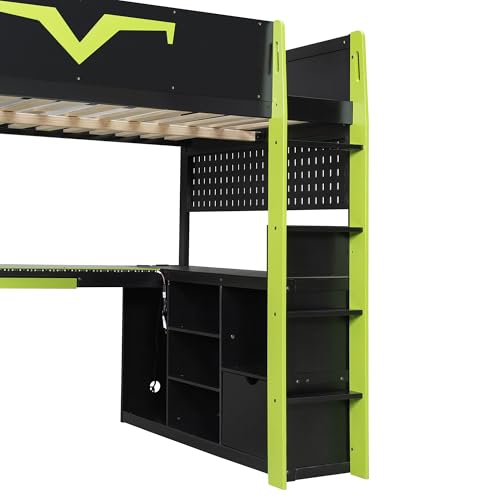 Merax Gaming Loft Bed with Integrated Desk & RGB LED Lights, Pro-Gamer Bed with Power Outlet, Large Bookshelf, Pegboard, Keyboard Tray & Storage Drawer, 3 Colors Available, Full Size, Green
