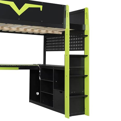 Merax Gaming Loft Bed with Integrated Desk & RGB LED Lights, Pro-Gamer Bed with Power Outlet, Large Bookshelf, Pegboard, Keyboard Tray & Storage Drawer, 3 Colors Available, Full Size, Green