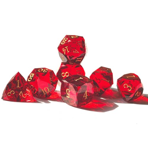 Crystal Multifaceted Polyhedral Dice Set 7 PCS for DND, RPG Tabletop Gaming, Collectors | Tinbox Packing, Gemstone Effect Dice (Ruby) - color: Ruby