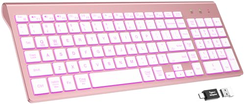 SABLUTE Wireless Keyboard with 7 Colored Backlits, Rechargeable Silent Compact Cordless Computer Keyboard with Low Profile Quiet Light Up Keys for Windows, PC, Linux, Chrome, Mac (Rose Gold) - color: Rose Gold