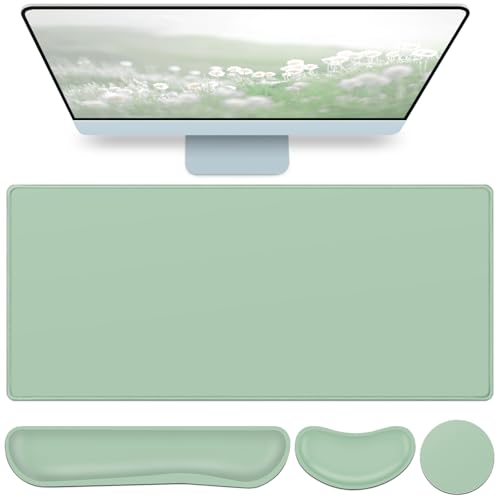 Desk Mat Green, Large Gaming Mouse Pad with Wrist Rest, 4in1 XXL Mousepad+Keyboard Wrist Rest+Mouse Pad Wrist Support+Cup Coaster Set Ergonomic Computer Desk Arm Wrist for Decor Home Office Women - color: Antique Green