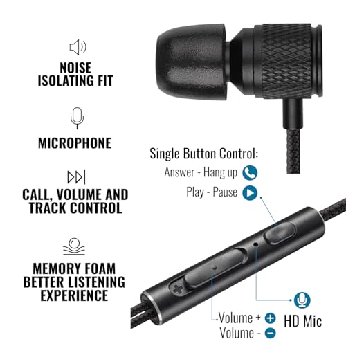 LUDOS Ultra Wired Earbuds in-Ear Headphones, 5 Years Warranty, Earphones with Microphone, Noise Isolating Ear Buds, Memory Foam for iPhone, Samsung, School Students, Kids, Women, Small Ears - Black - color: Black, style: 3.5 mm
