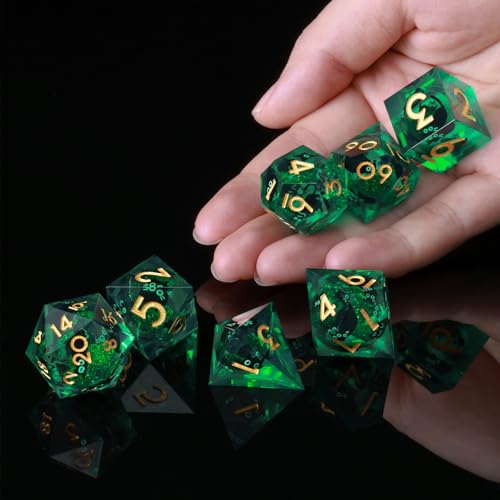 Liquid Core DND Dice Set, 7 Pcs Resin Sharp Edge Polyhedral Dice Quicksand Cat D&D Dice for Dungeons and Dragons RPG Role Playing Table Games