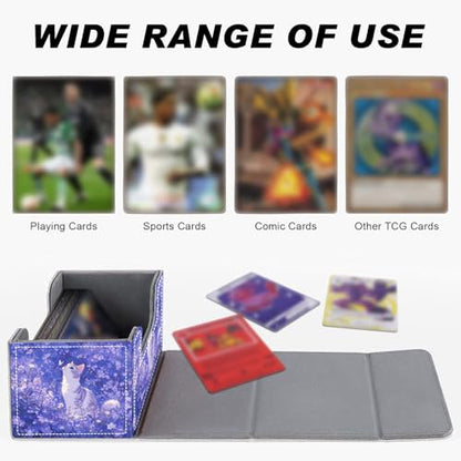 Magnetic Closure TCG Deck Box Portable Card Holder Trading Card Deck Box | PU Leather Collectible Card Case Game Trading Card Deck Box Storage Scratch Resistant Lining, Cat In Purple Flower Field - color: Cat In Purple Flower Field