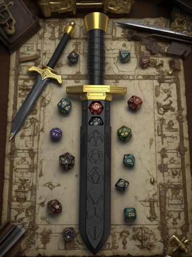 Sword Dagger Dice Holder Box Dice Tower Dungeons and Dragons RPG Tabletop Roleplaying Game Jail DND (Random 7PCS D20 Dice Set Included) Black&Black&Gold - color: Black+gold