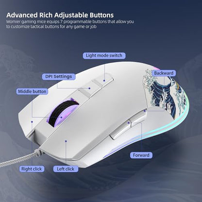 Womier Wired Gaming Mouse, 12400 DPI RGB Mouse with RGB Backlit | 7 Macro Buttons PC Gaming Mice Support DIY Keybinding, Gamer Computer Mice for Laptop PC Mac Windows(G705 Kanagawa) - color: White