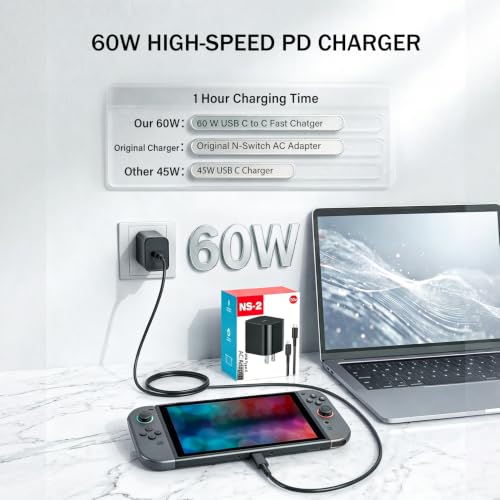 60W Charger for Nintendo Switch 2, PD 3.0 Fast Charging AC Adapter Replacement for Switch 2/Switch/OLED/Steam Deck, Supports 4K TV Dock Mode & Handheld Mode, 5ft Detachable Cable