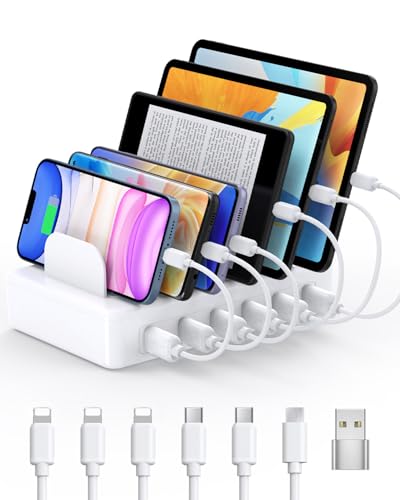 50W Charging Station for Multiple Devices, 6 Port Multi USB Charger Station | with 6 Cables,1 USB-A to USB-C Adapter Converter, Compatible with iPhone,iPad Kindle Tablet and Other Electronic（White) - color: White