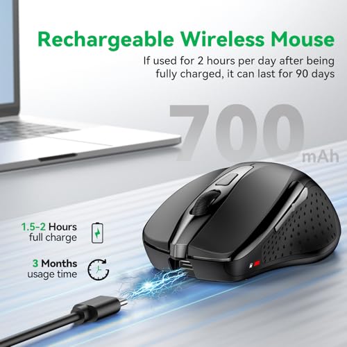 TechRise Bluetooth Mouse (BT5.0/3.0 & 2.4G) Rechargeable Wireless Mouse, 4800 DPI Optical Tracking, 6 Adjustable DPI, 2.4GHz with USB A Receiver, Quiet Clicks, Ergonomic Grips, 6 Buttons - Black - color: Black