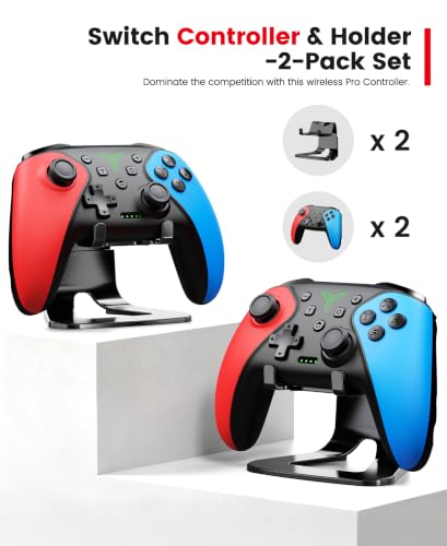 Switch Controller 2-Pack, Wireless Pro Controller for Switch2/Switch/Lite/OLED, Bluetooth Gamepad with Programmable Back Buttons, Turbo, Vibration, Gyro, Compatible with iOS/Android/PC, Includes 2 Stands - color: Red & Blue-2 pack
