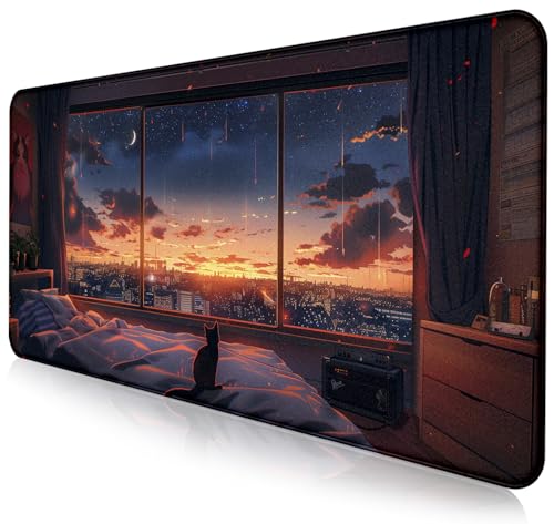 Sunset Night Cat Mouse Pad, Summer Night Scene Decoration Game Table Pad XL | Large Extended Mouse Pad; Full Desk Coverage; Waterproof Coating; Stable Anti-Slide Base For Gaming, Office, Study Daily Use - color: Anime Cat